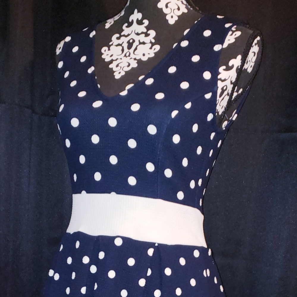 Navy & White Polka dot Women's dress Size Medium